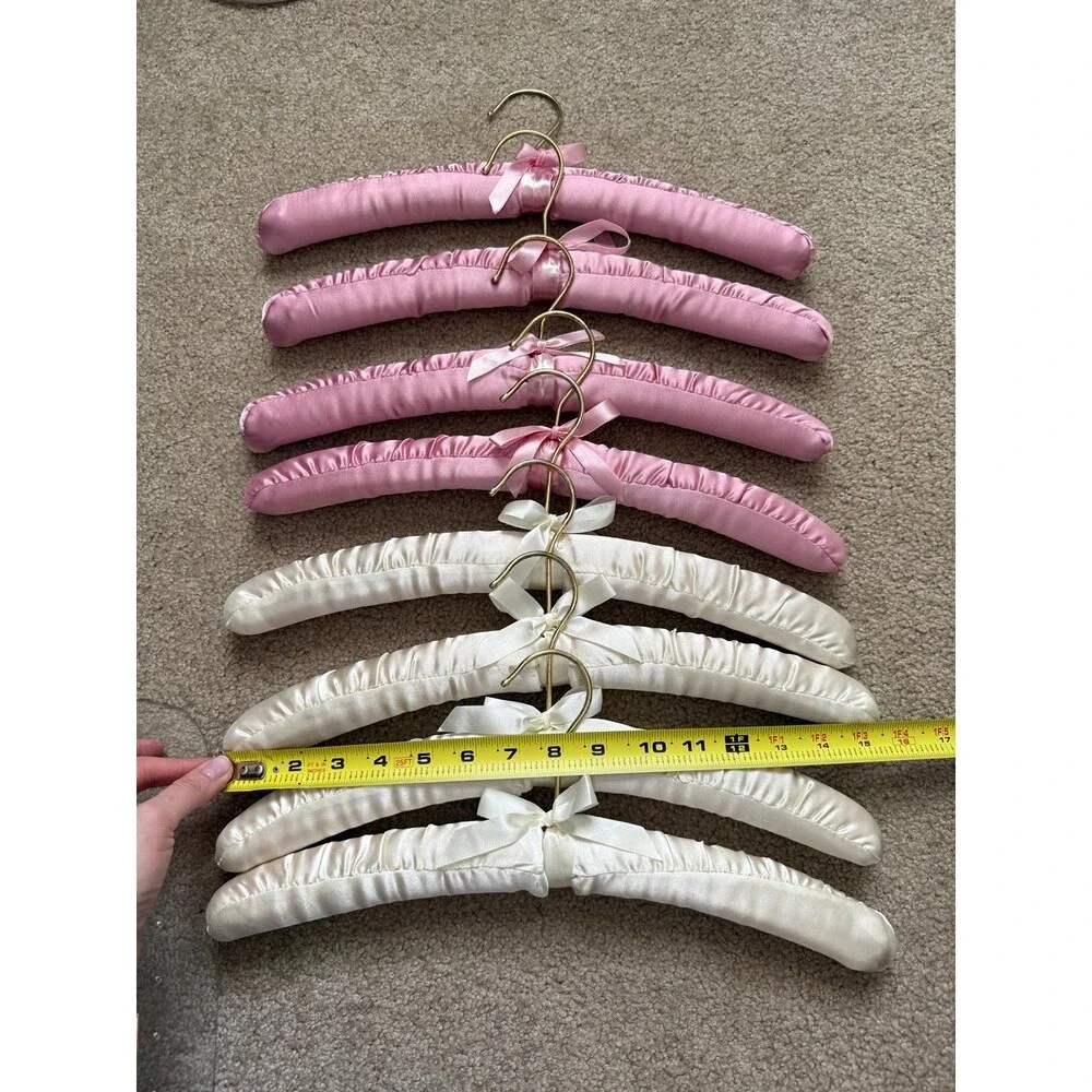 Set of 8 Vintage Satin Padded Hangers Pink & Ivory Gold Tone Bows